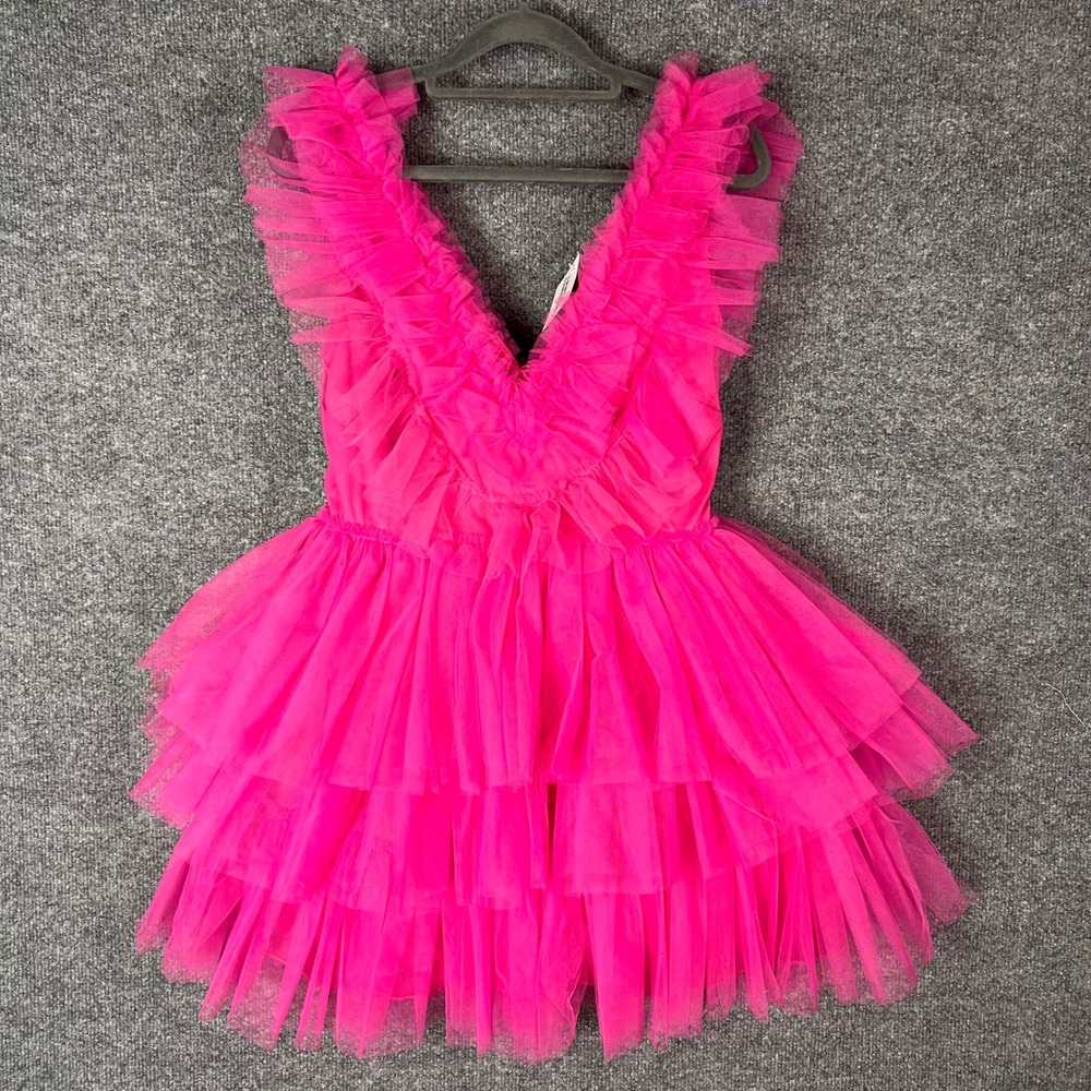 Hot Pink Tulle Mini Dress with Ruffled V-Neck